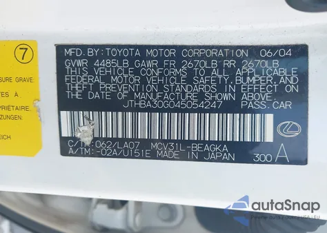 2004 Lexus Es 330 z USA, uszkodzony, nr VIN JTHBA30G045054247